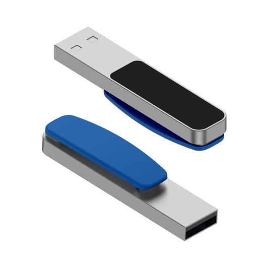A silver and blue Mosman LED flash drive with a black panel and a sliding cover design.