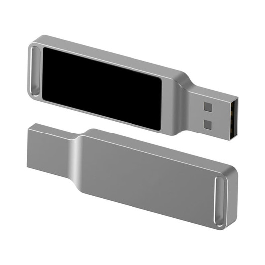A silver LED flash drive with a sleek design, featuring an integrated USB connector and a smooth surface.