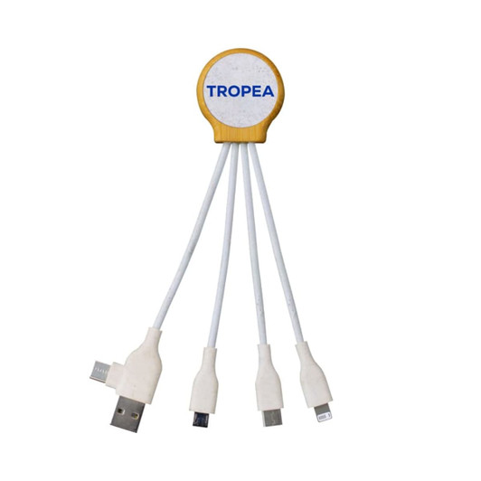 A Tropea Charge Cable with multiple white charging connectors, featuring a circular yellow and white logo.