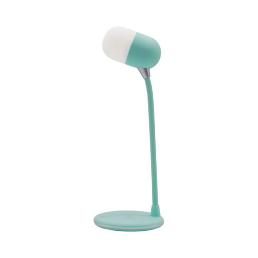 A mint green wireless charging sound lamp with a flexible neck and circular base, featuring a soft white light.