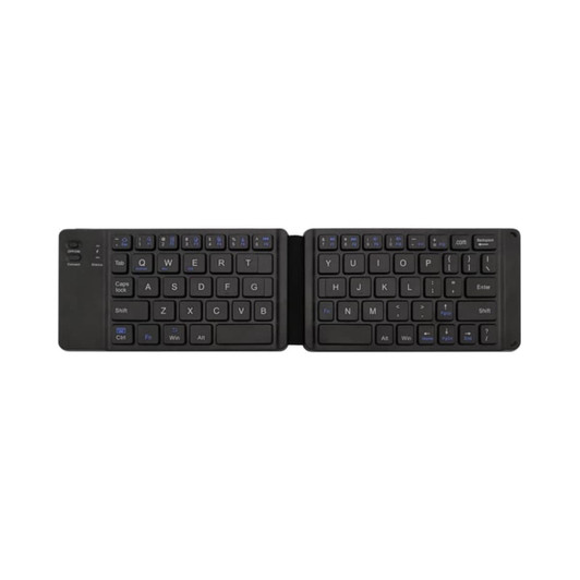 A foldable Bluetooth keyboard in black, featuring a compact design with standard keys and a side logo.