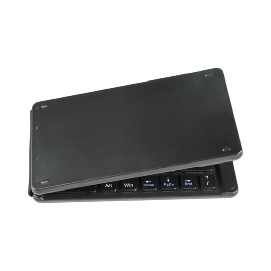 A foldable Bluetooth keyboard in black, featuring a compact design with visible keys and a protective cover.