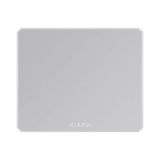 A grey Alumina mouse pad with a smooth surface and rounded edges, featuring a logo in one corner.
