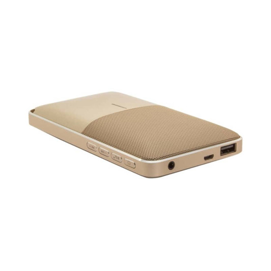A gold Bluetooth speaker powerbank with textured surface and various ports on the side. It features a logo.