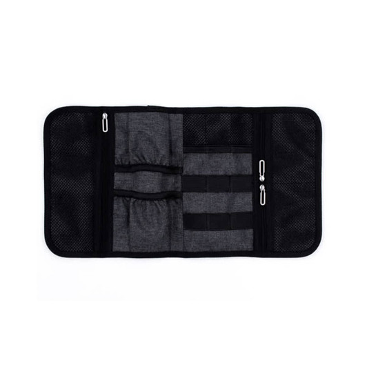 A grey toiletry roll with multiple compartments, mesh pockets, and zippers, featuring a logo.