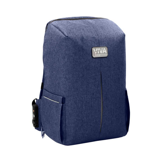 A navy blue backpack with a sleek design, featuring side pockets and a visible logo.