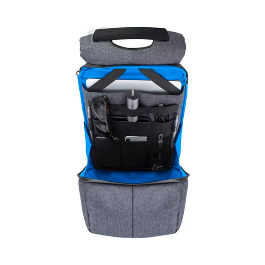 A grey backpack with a blue interior, featuring multiple pockets and compartments for organisation.