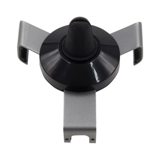 A car phone holder in black and silver, featuring a circular base with adjustable side clamps and a central grip.