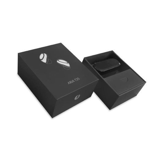 A black box with the Aria T3S wireless earbuds inside, featuring a sleek design and a separate compartment for accessories.
