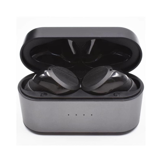 Wireless earbuds in a charging case, featuring a sleek black design with a silver base. Includes branding on the case.