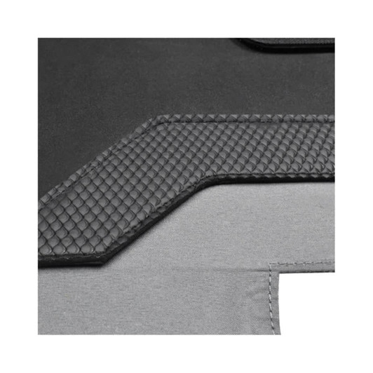 A close-up of a black and grey laptop bag, featuring a textured surface and logo detail.