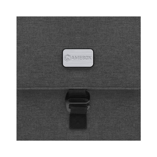 A dark grey laptop bag with a metallic logo and a clasp closure.