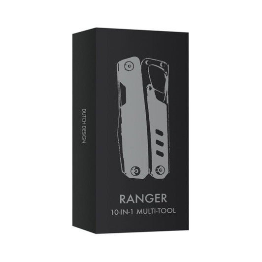 A sleek black box containing the Ranger 10-in-1 Multi-Tool, featuring a simple grey design and a logo.