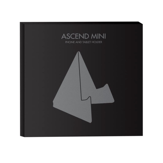 A black packaging featuring a grey phone and tablet holder with a logo, designed for the Ascend Mini Stand.
