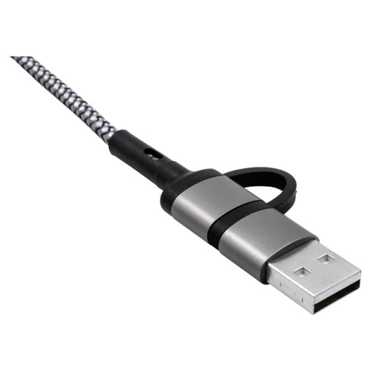 A charging cable with a braided grey design and a black connector, featuring a logo on the connector.