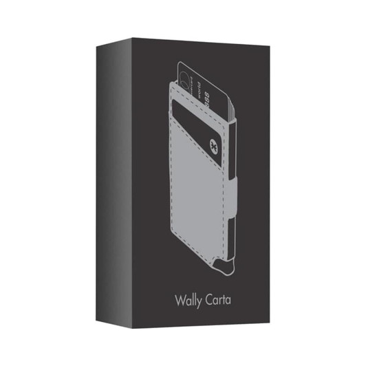 A grey vegan RFID wallet in a sleek box with a logo, designed for cards and compact storage.