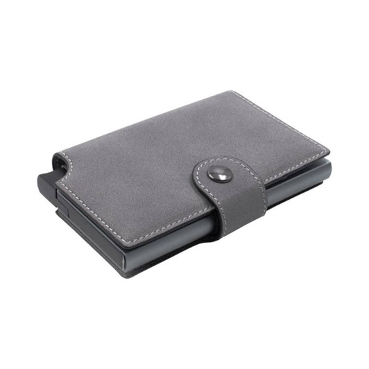 A grey vegan leather wallet with a button clasp and a slim design. It features a logo on the front.