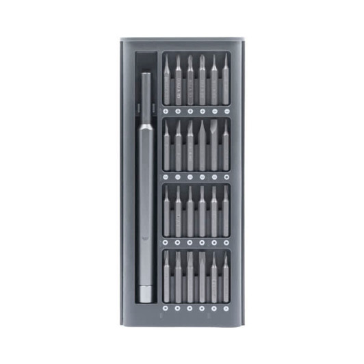 A precision tool kit in grey, featuring a metal handle and multiple interchangeable screwdriver bits in a neat storage case.