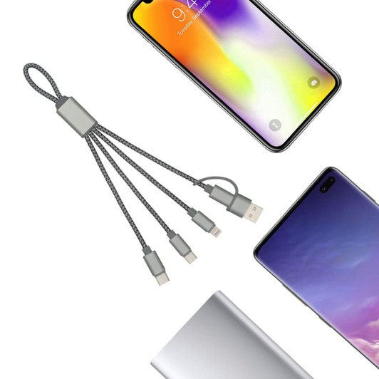 A charging cable in grey with multiple connectors, alongside two smartphones and a power bank.