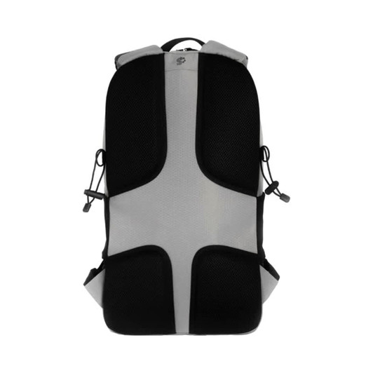 A grey and black eco-friendly backpack with mesh accents and adjustable straps. It has a logo on the front.