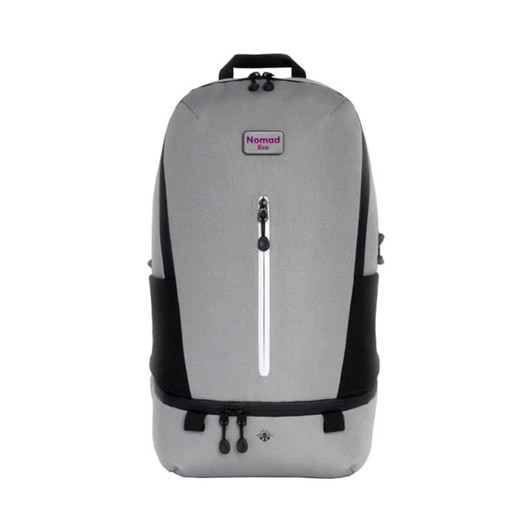A grey and black backpack with a front zipper pocket and a logo on the top. It has padded shoulder straps.