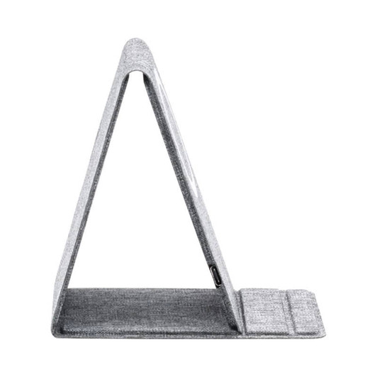 A triangular wireless charger in grey fabric, designed to hold a phone upright while charging.