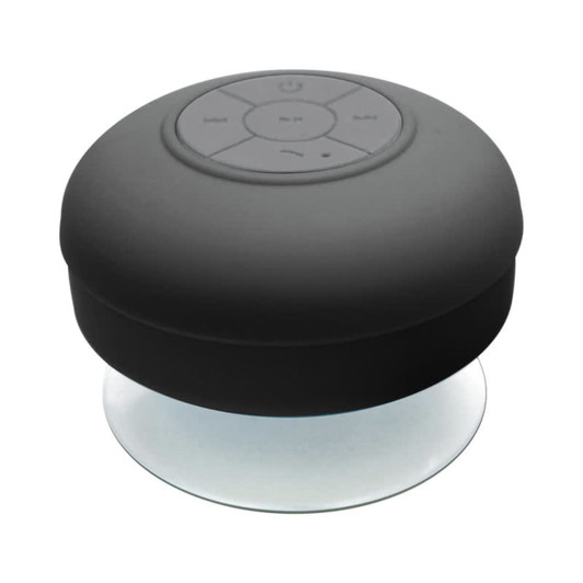 A waterproof black Bluetooth speaker with a circular design and control buttons on top. It features a clear base.