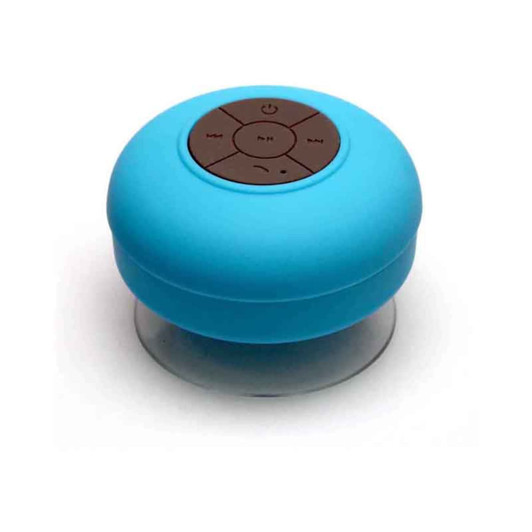 A round, blue waterproof Bluetooth speaker with a control panel on top, featuring a clear bottom.