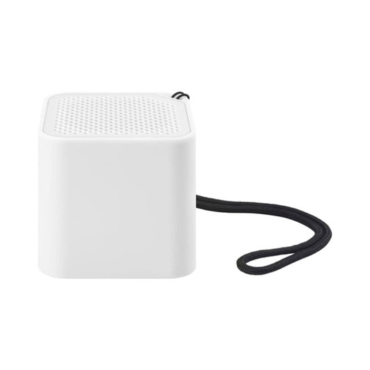 A square, white portable speaker with a textured top and a black strap. It features a simple design and has branding.