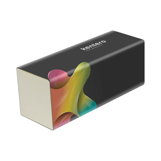 A rectangular packaging sleeve in black with a vibrant multi-coloured splash design and a logo on one side.