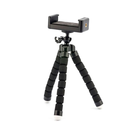 A black Flex Tripod with textured grips and rubber feet, designed for holding mobile devices securely.