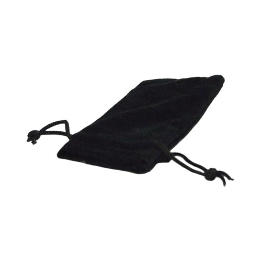 A black velour drawstring pouch with two black drawstrings, featuring a logo.