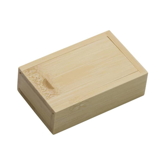 A wooden slide box in a light natural bamboo finish, featuring a smooth, rectangular design and a simple logo.