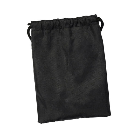 A black drawstring pouch with a textured surface and a cinched closure at the top. It features a logo.