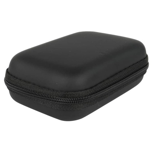 A black zippered case with a hard exterior, featuring a textured surface and a zip closure.