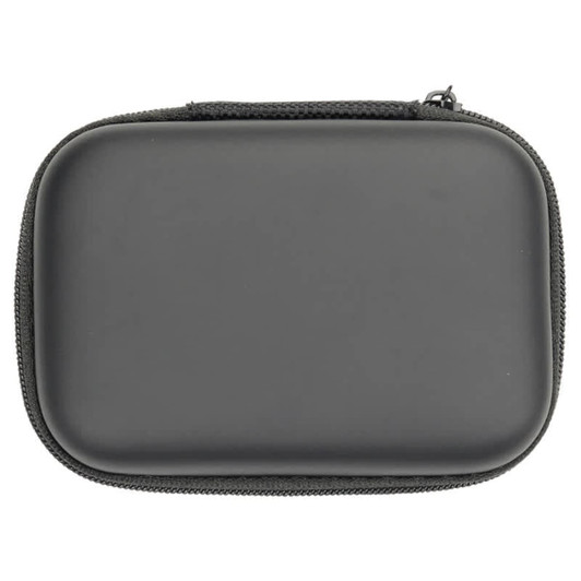 A black zippered case with a smooth exterior, featuring a zipper closure and a logo.