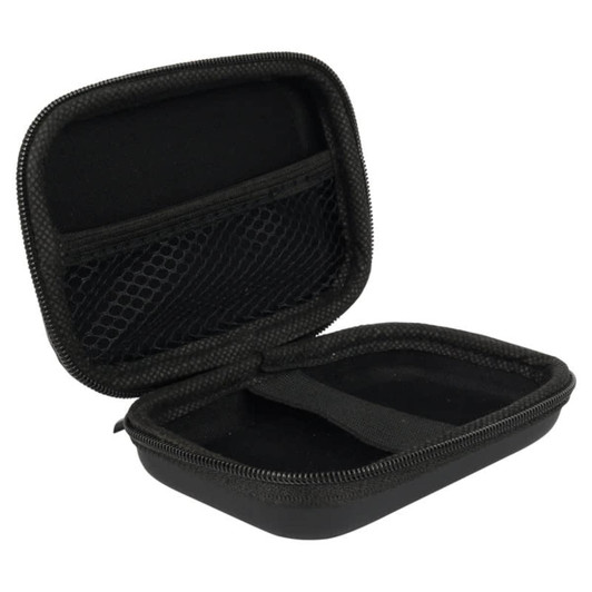 A black zippered case with a mesh pocket and a strap inside, designed for storage.