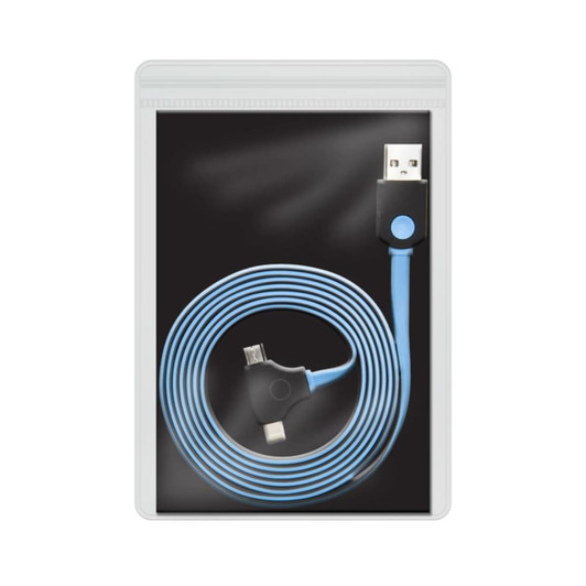 A blue USB charging cable packaged in a transparent press lock pouch, featuring a logo.