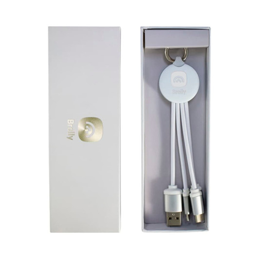 A white gift box featuring a multi-cable keyring with USB and micro USB connections. The box has a logo.