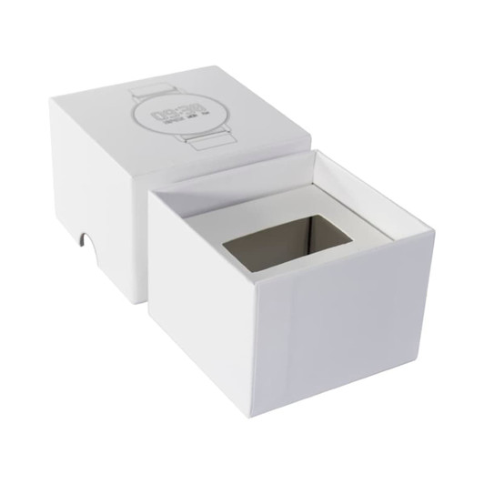 A white gift box with a removable lid, designed for pen packaging, featuring an interior cut-out and branding.