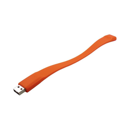 An orange silicone wristband with a USB connector on one end and a flexible design. It features a logo.
