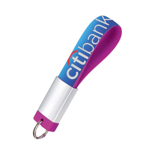 A purple and blue chain USB flash drive with a metal attachment and a logo.
