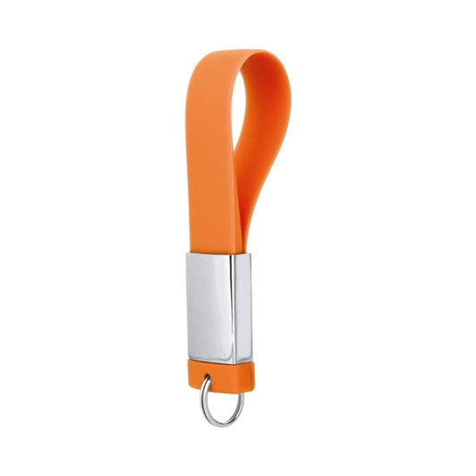 An orange chain USB flash drive features a sleek metallic base and a loop for easy attachment.