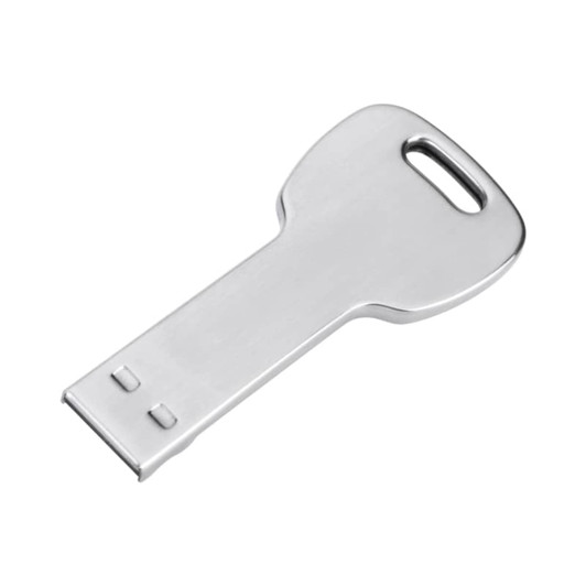 A sleek, silver seamless flash drive in a key shape with a loop for attachment.