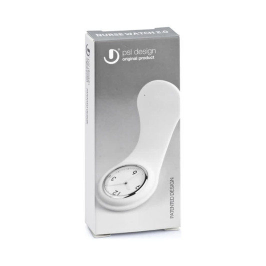 A white packaging for the Nurse Watch 2.0 featuring a round clock face and a logo. The design is sleek and modern.