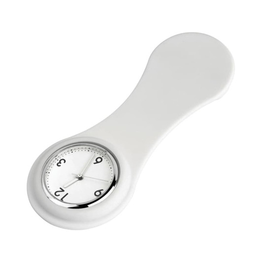 A white nurse watch with a round face and silver accents. The watch features clear hour markers and a sleek design.