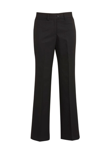 Black women's relaxed pants with a straight leg design, featuring a waistband and a logo.