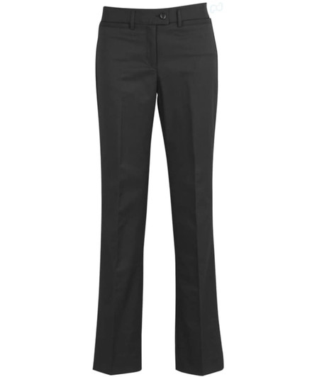 A pair of black relaxed pants with a fitted waist and flared leg, featuring a logo. Suitable for casual wear.