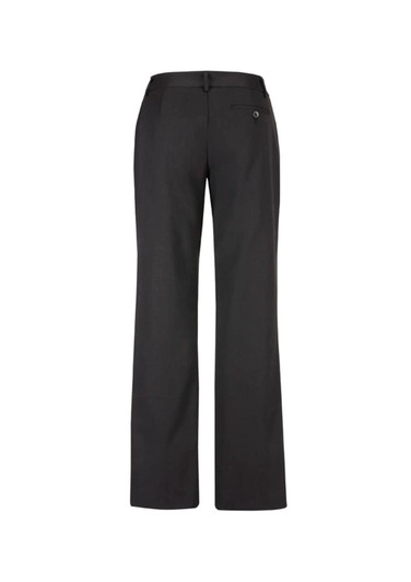 Black women's relaxed pants with a straight leg design and a single back pocket, featuring a logo.