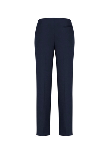 Navy women's slim leg pants with a smooth finish and a single back pocket. Features a bandless design.
